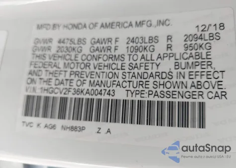 2019 Honda Accord Sport 2.0T from USA, damaged, VIN 1HGCV2F36KA004743